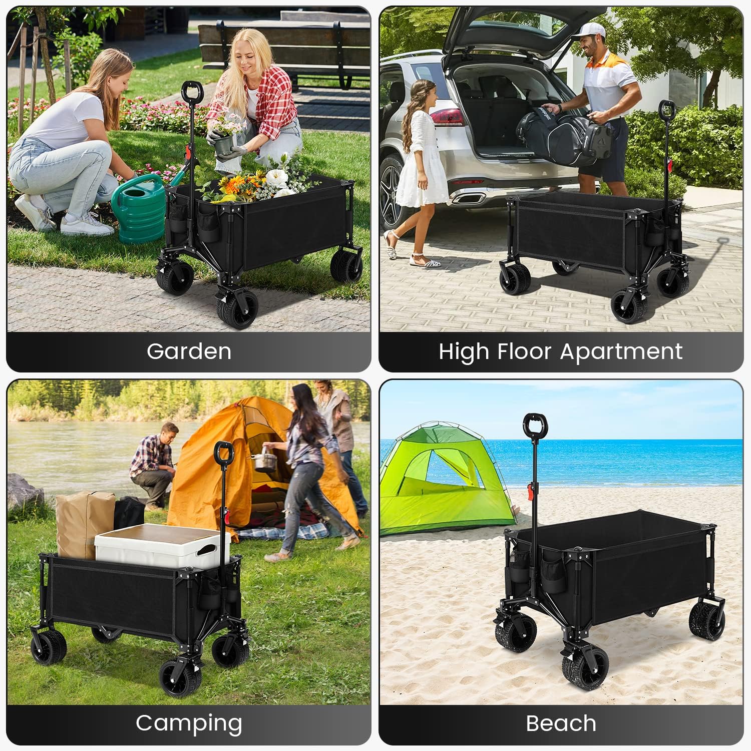 Calanofin Heavy Duty Collapsible Wagon Cart Utility 180L Foldable Beach Wagon for All-Terrain Garden Cart with Big Wheels for Sand， Side Pockets and Drink Holders for Shopping Beach Camping Outdoors