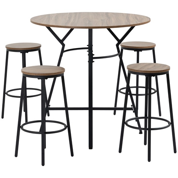 Homcom Industrial 5 piece Bar Table And Chairs Set Space Saving Dining Table With 4 Stools For Pub And Kitchen Brown