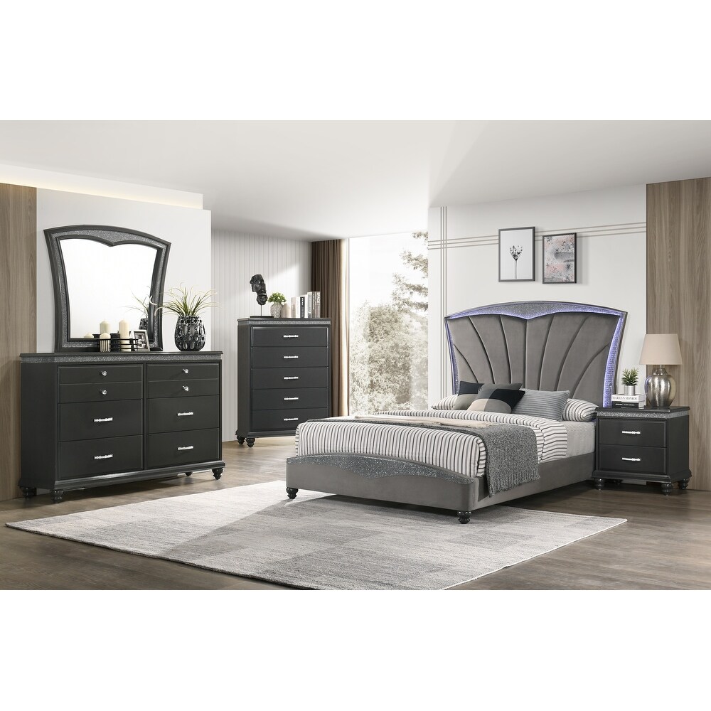 Eva 3 Piece Gray LED Fabric Upholstered Panel Bedroom Set