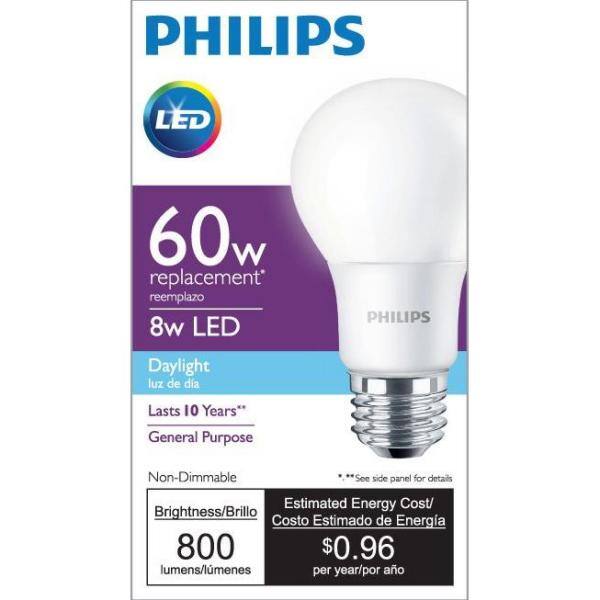 Philips 60-Watt Equivalent A19 Non-Dimmable Energy Saving LED Light Bulb Daylight (5000K) (4-Pack) 461137