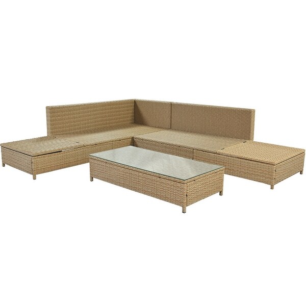 3 Piece Rattan Sofa Set All Weather PE Wicker Sectional Set with Adjustable Chaise Lounge Frame and Tempered Glass Table - Overstock - 35938902