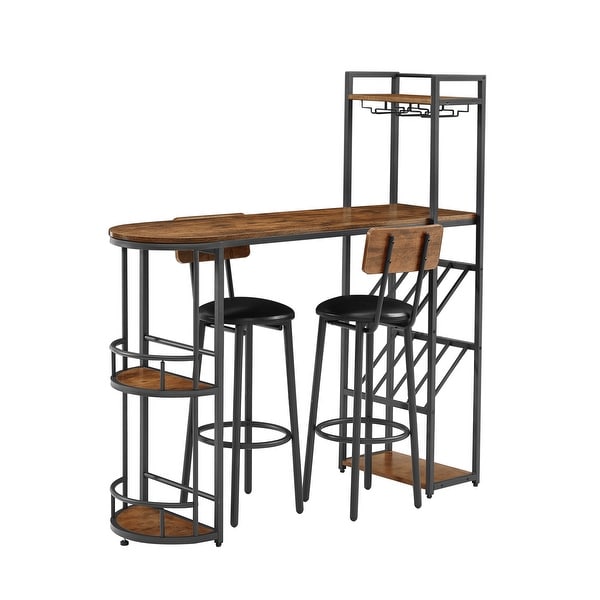 Bar Table and Stool Set with 2 Bar Stools and Bottle Holder， Multifunctional High Bar Table with Space for 8 Bottles and 9 Glasses