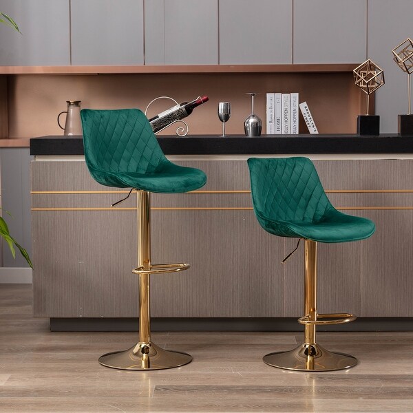 Set of 2 Bar Stools，With Chrome Footrest and Base Swivel Height Adjustable Mechanical Lifting Velvet， Golden Leg