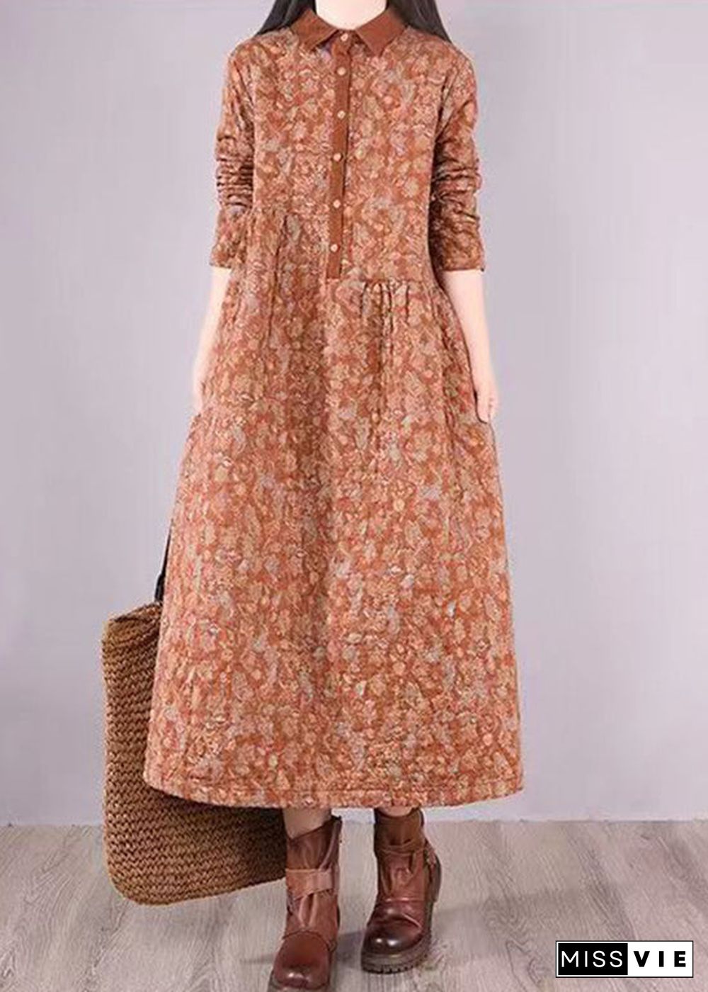 Natural Orange Print Patchwork Fine Cotton Filled Dresses Winter