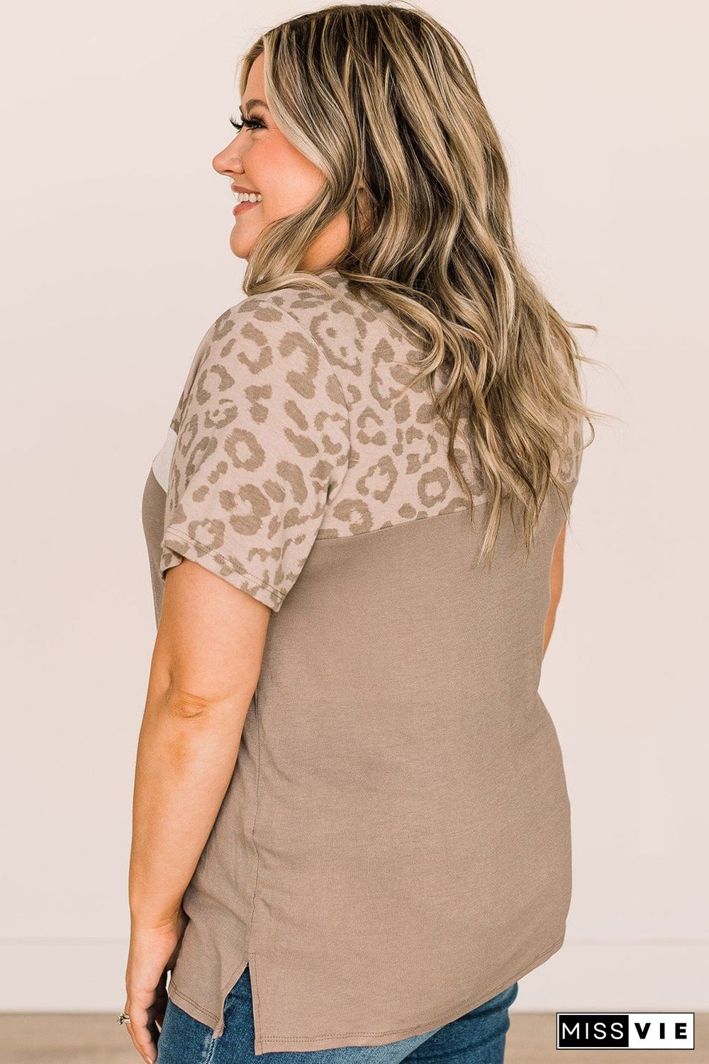 Khaki Leopard Yoke Color Block Plus Size Top