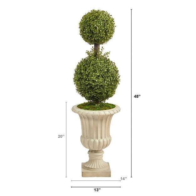 Nearly Natural 4-ft Double Boxwood Topiary Artificial Tree In Sand Finished Urn