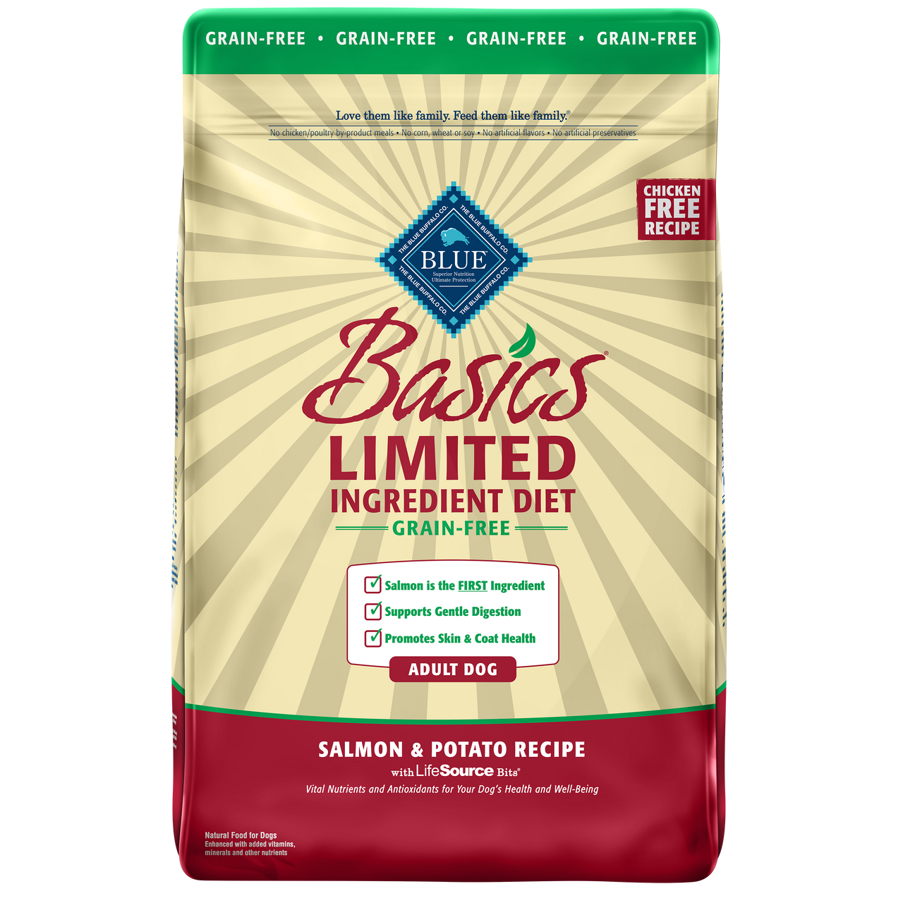 Blue Buffalo Basics Limited Ingredient Grain Free Salmon and Potato Recipe Adult Dry Dog Food， 22 Lbs.