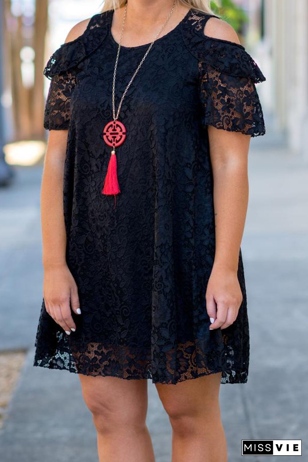 Black Cold Shoulder Lace Plus Size Dress