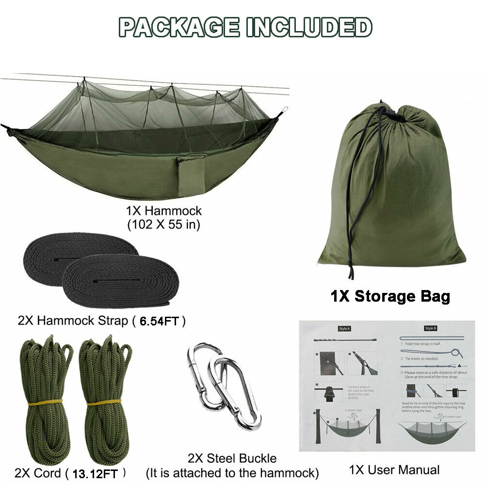 IClover Portable 2 Persons Outdoor Camping Jungle with Mosquito Net Garden Hanging Nylon Bed Hammock Swing Bug Net Cot for Relaxation, Traveling, Outside Leisure Green