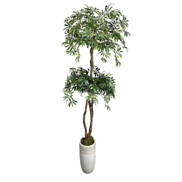 Handmade 6' Artificial 2Tier Olive Tree in Elevated Rustic Fiberglass Planter