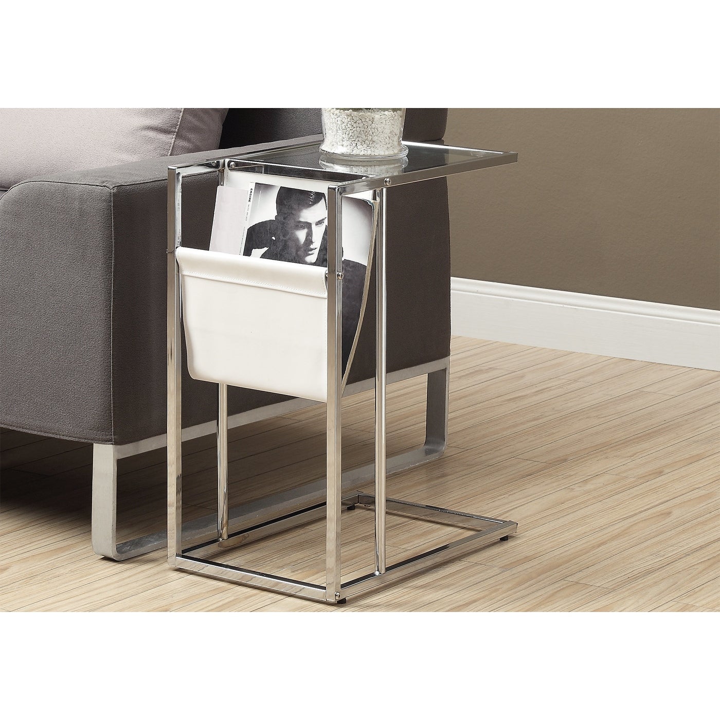 White Chrome Metal Accent Table With A Magazine Rack