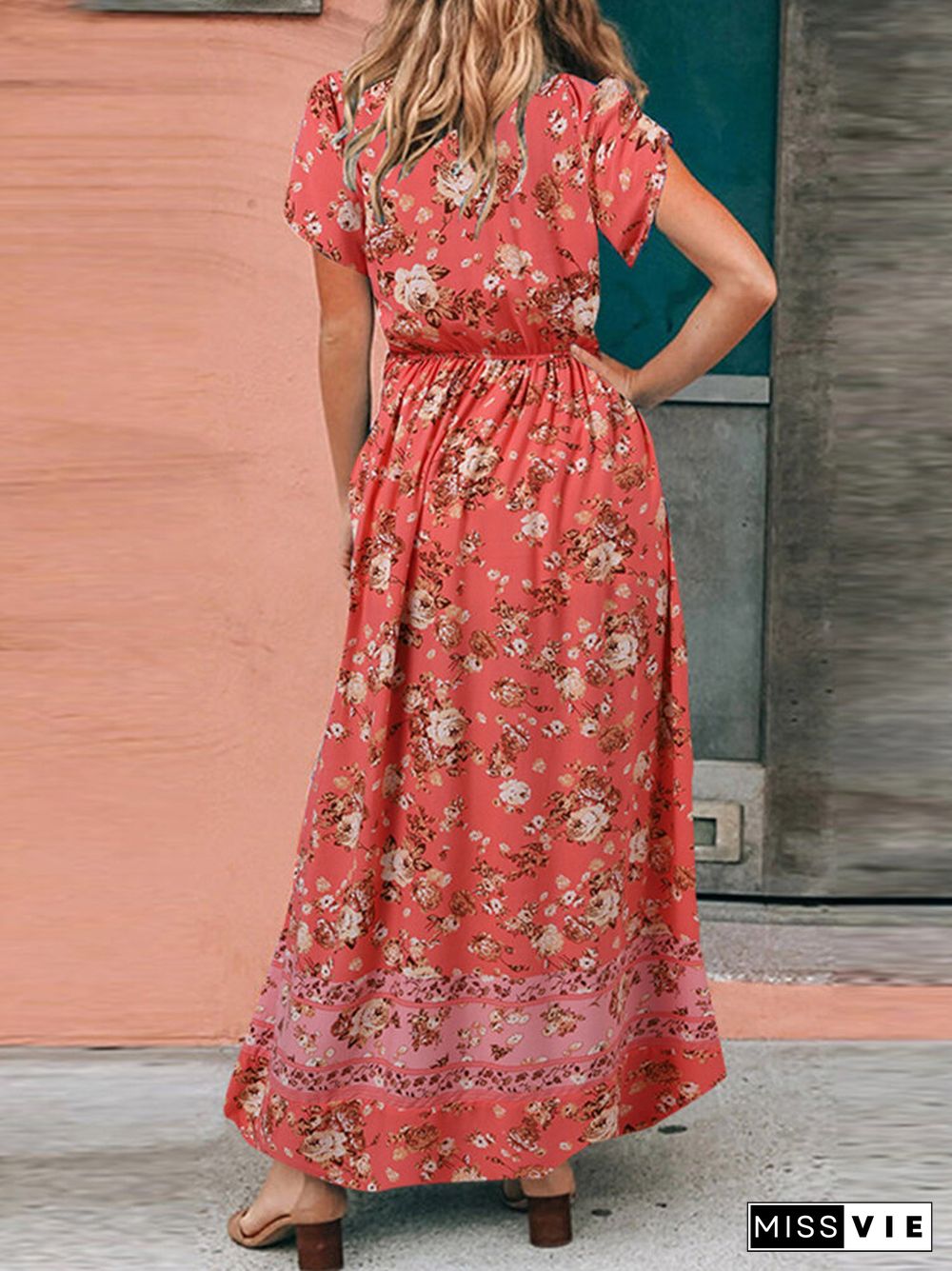 Bohemian Floral Print Tulip Sleeve V-neck Maxi Dress