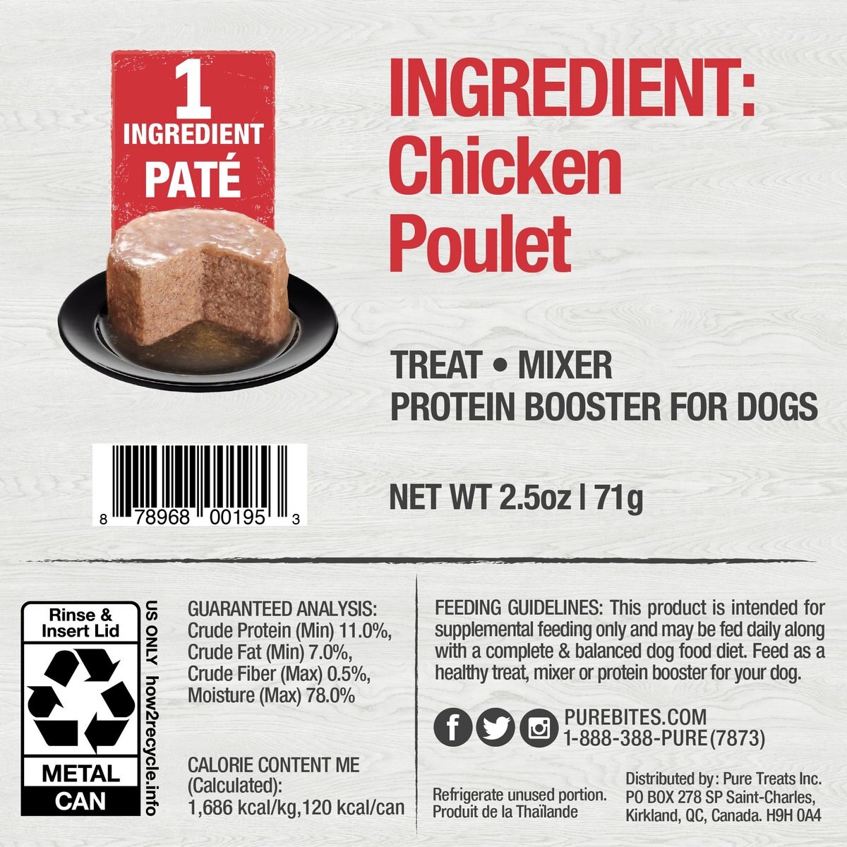 PureBites 100% Pure Chicken Paté Dog Food Toppings， 2.5-oz can， 12 count