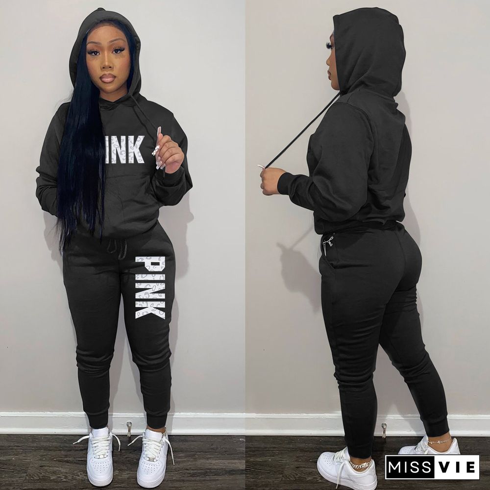 Winter Letter Print Hoodies and Pants Sports 2 Piece Sets