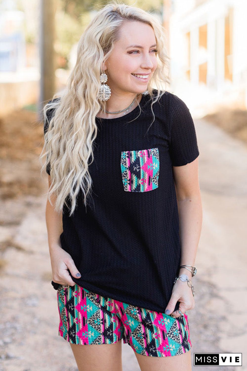 Black Aztec Pocketed Tee and Shorts Set