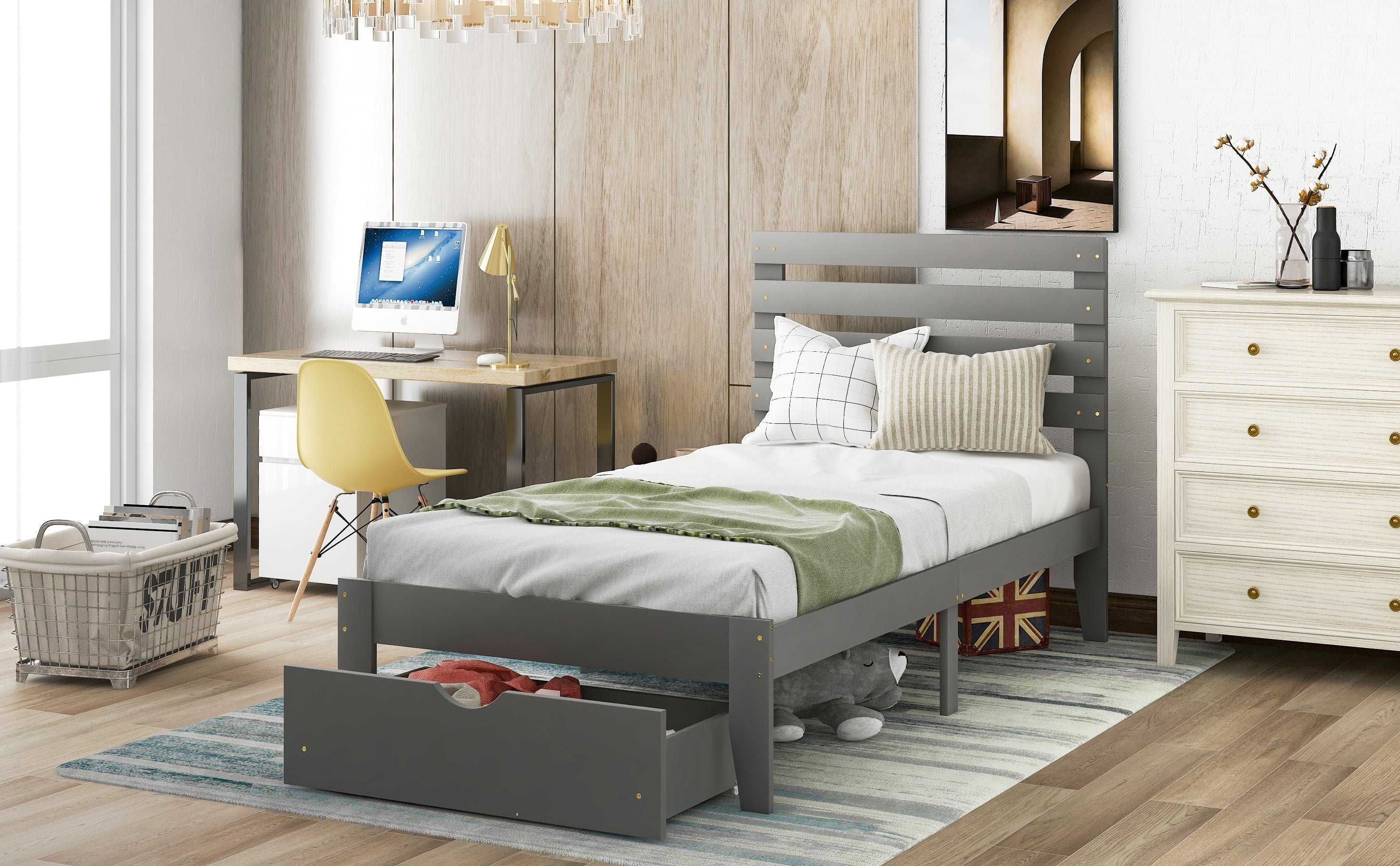 Euroco Twin Wooden Platform Bed with Drawer for Kids, Gray