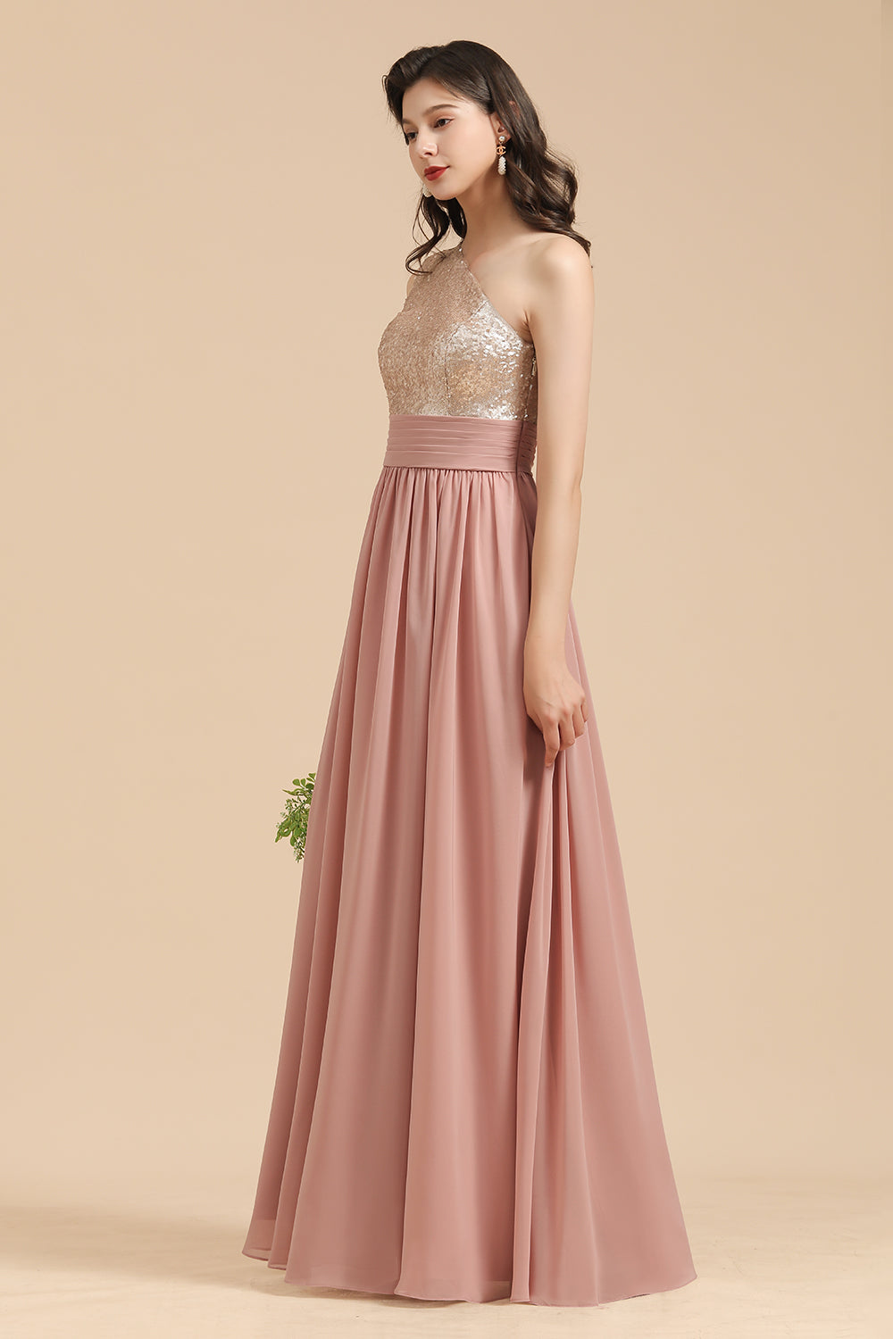 One Shoulder Sequins Dusty Rose Bridesmaid Dresses