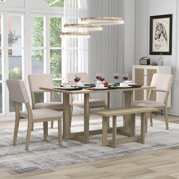 Wooden six-piece dining table H-shaped support design Dining table four chairs upholstered one wooden stool