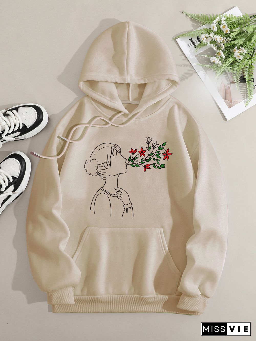 Printed on front Kangaroo Pocket Hoodie Long Sleeve for Women Pattern Seeing with Flowers