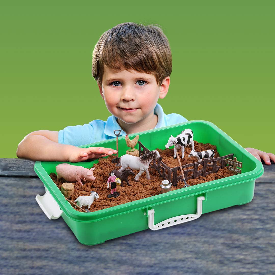 Farm Sand Play Set 28 Figures- Sensory Toys for Kids with 2 lbs of Sand, Farm Animals, Signs, Fences, Trucks and Farm Tools