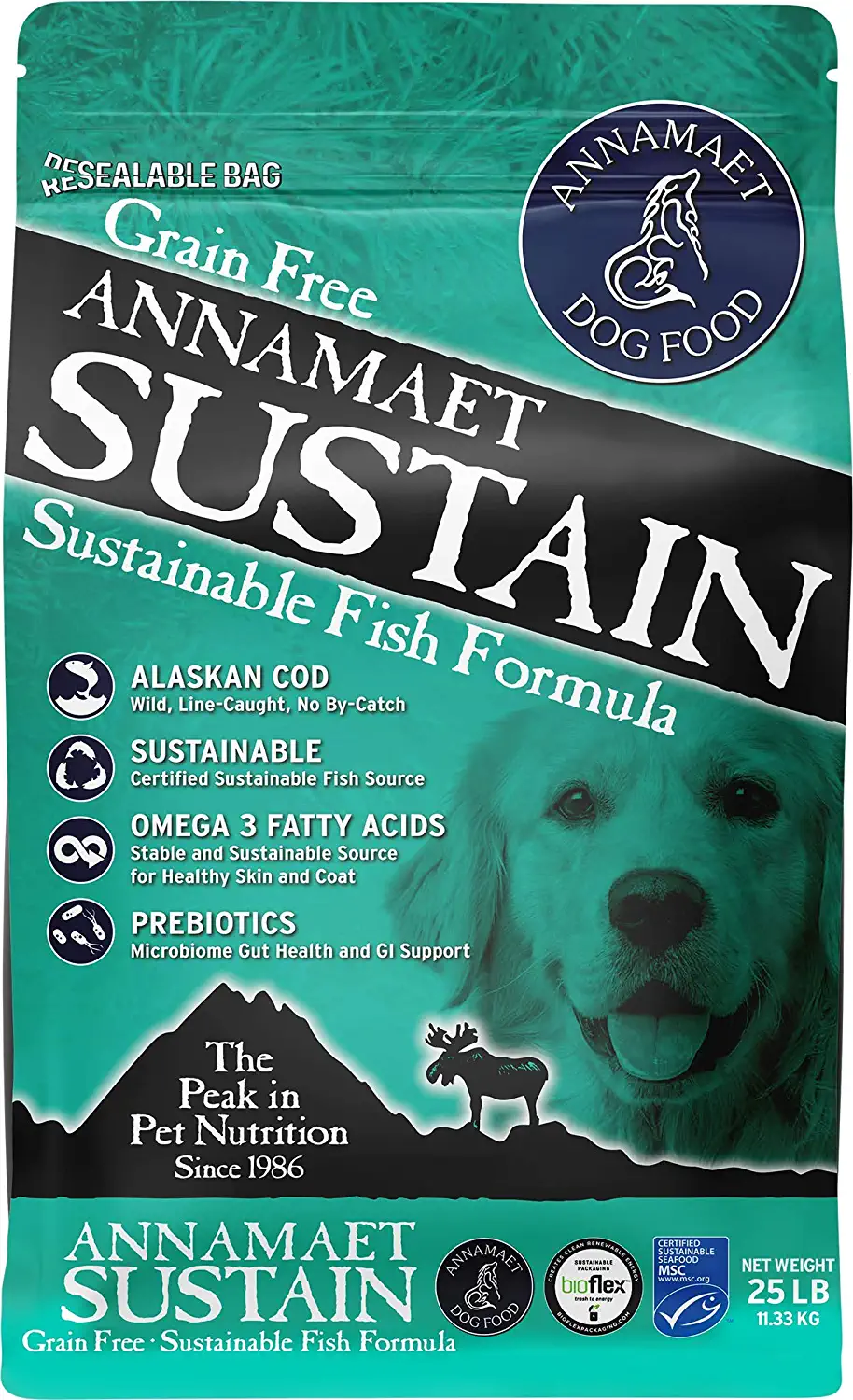 Annamaet Grain-Free Sustain Formula Dry Dog Food (Line-Caught Cod and Free-Range Turkey) 25-lb Bag