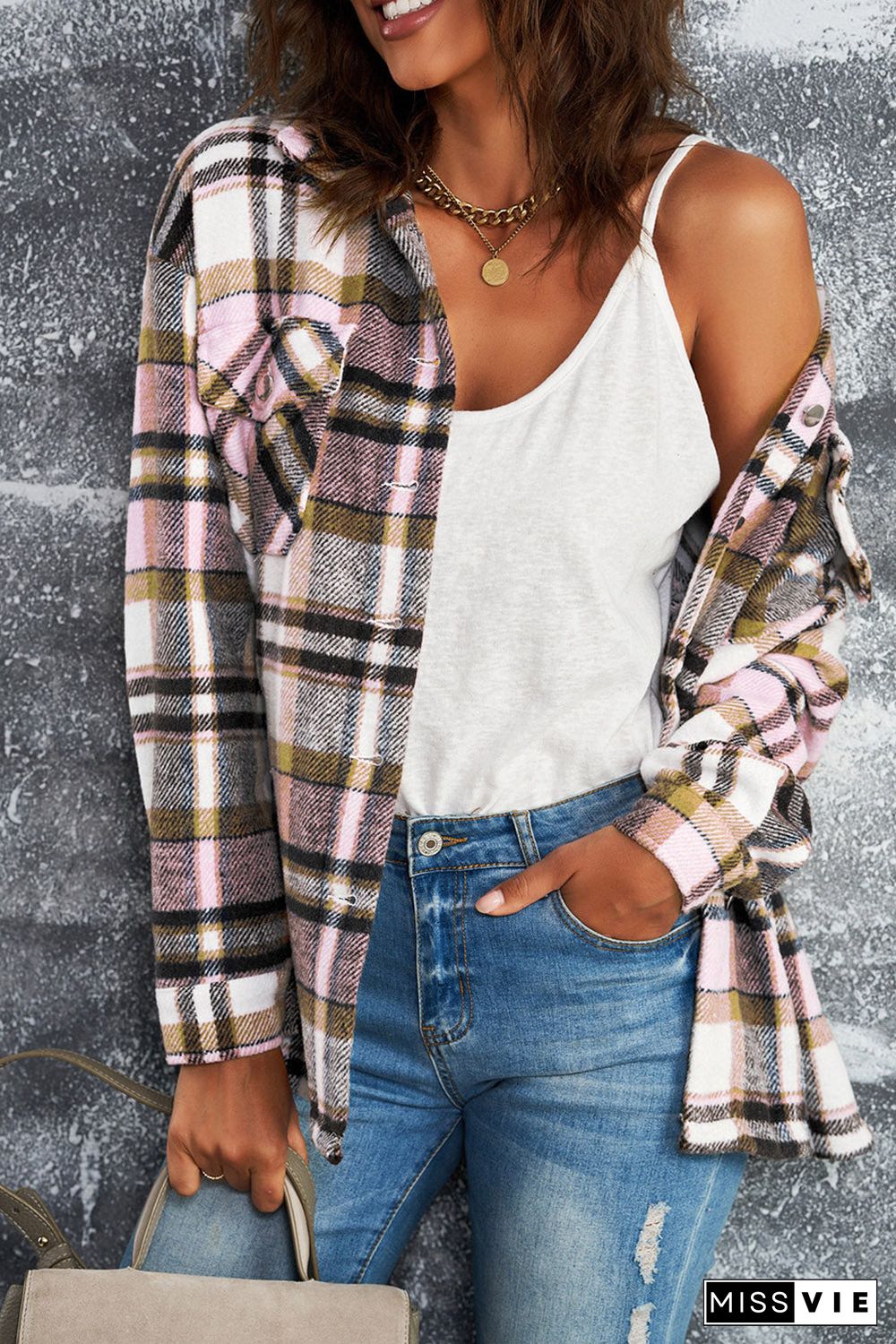 Geometric Plaid Print Pocketed Shirt