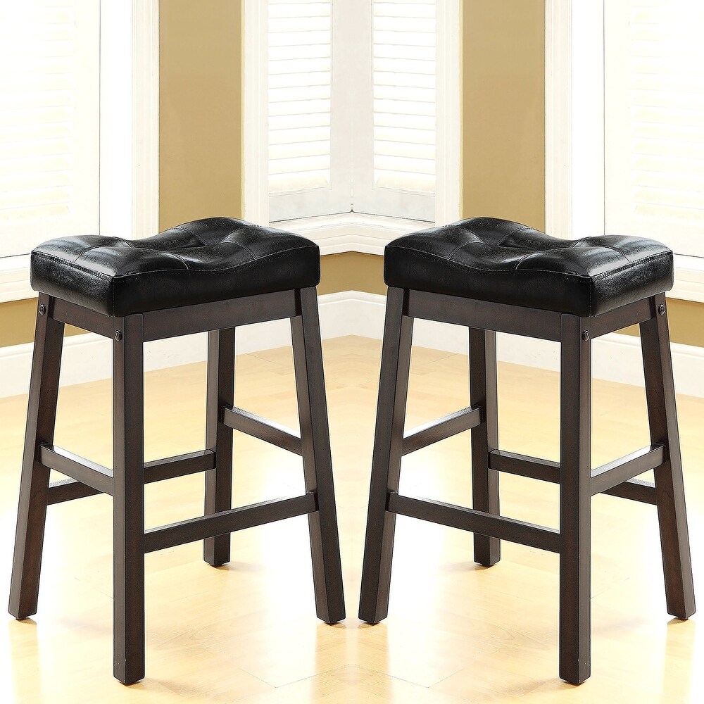 Classic Tufted Black Leatherette Wood Base Counter Height Dining Stools (Set of 2)