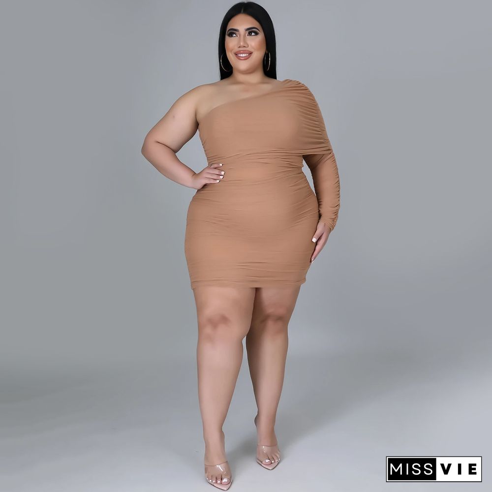 Plus Size Mesh Solid Single Sleeve Bodycon Dress