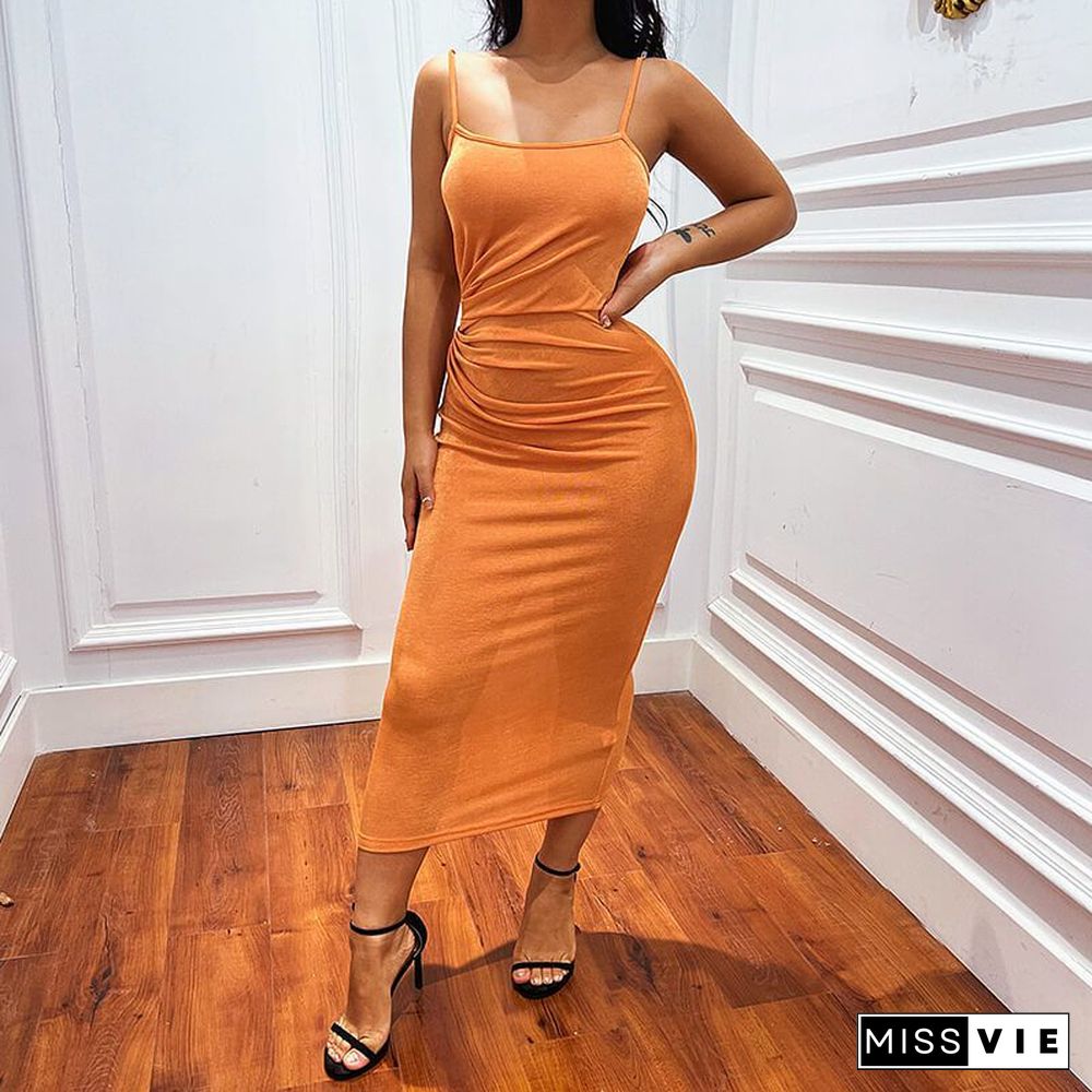 Slink Side Pleated Spaghetti Strap Scoop Neck Midi Bodycon Dress