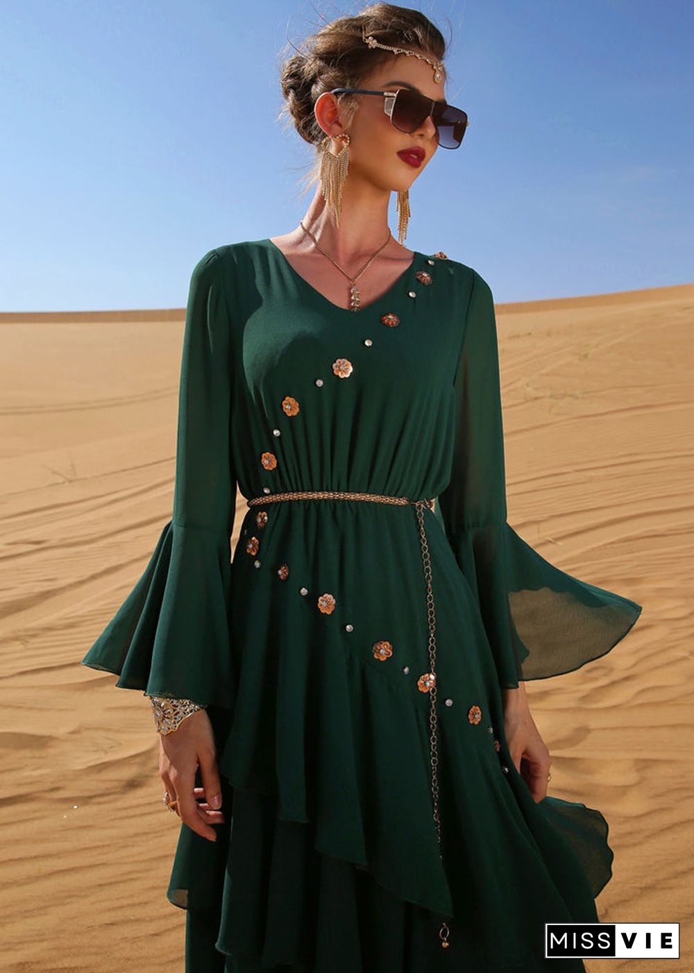 Bohemian Blackish Green Wrinkled Sashes Chiffon Long Beach Dress Long Sleeve