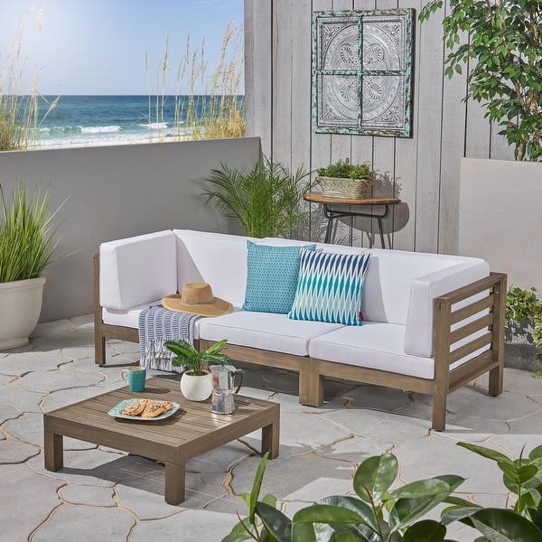 Oana Outdoor 3Seater Acacia Wood Sectional Sofa Set with Coffee Table by Christopher Knight Home