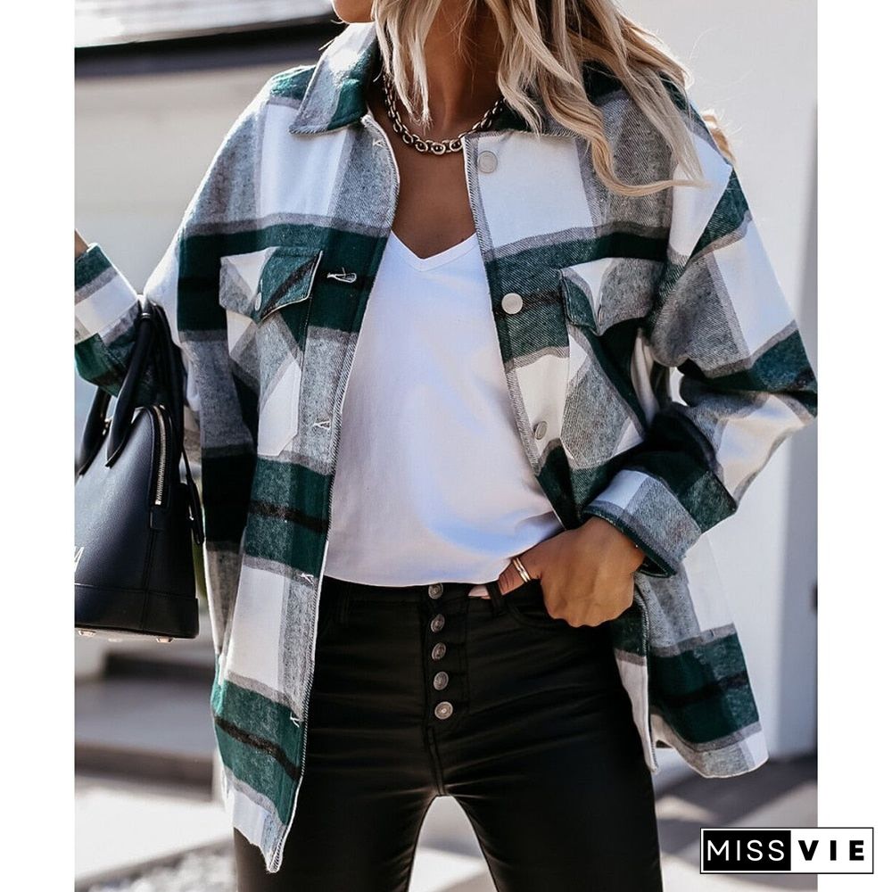 Hot Sale Women Fashion Plaid Shirt Jackets Turn-down Collar Autumn Oversized Jacket Fashion Loose Coat Streetwear Female Outwear