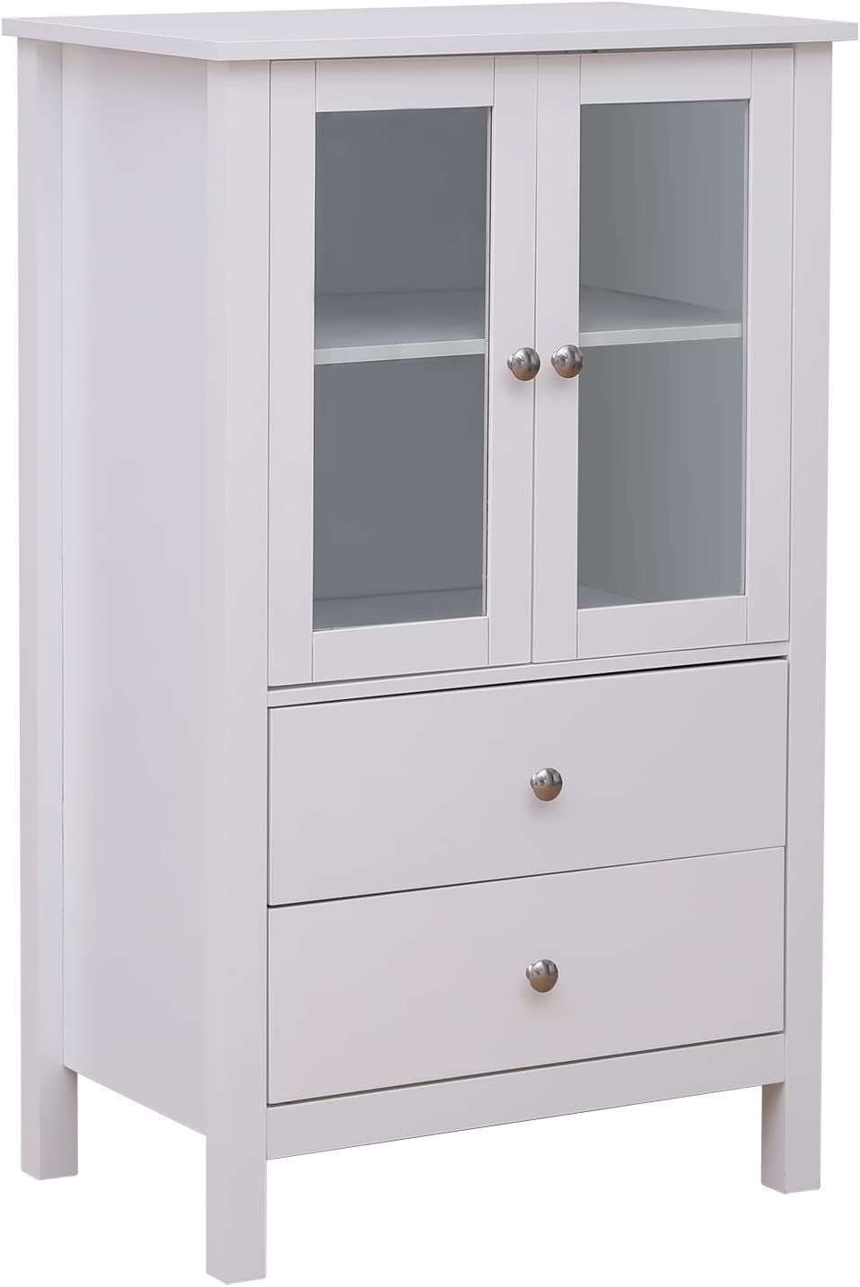 Yoleny Storage Cabinet， 2 Drawers，Transparent Glass Doors， White Wood Sideboard with Shelves for Kitchen Dining Room Furniture