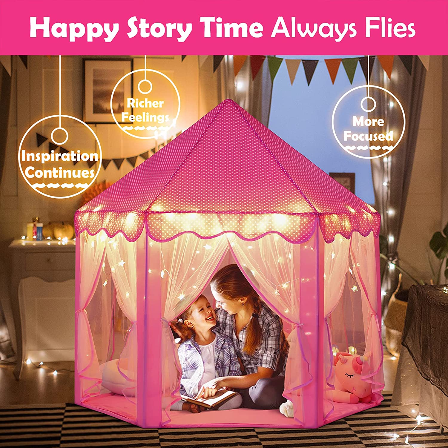 Princess Castle Tent Glow in the Dark, Kids Play Tent Toys for 1 2 3 Year Old Girl, Pop Up Portable Children Teepee Playhouse for Indoor and Outdoor, Gifts for Birthday Party Activities