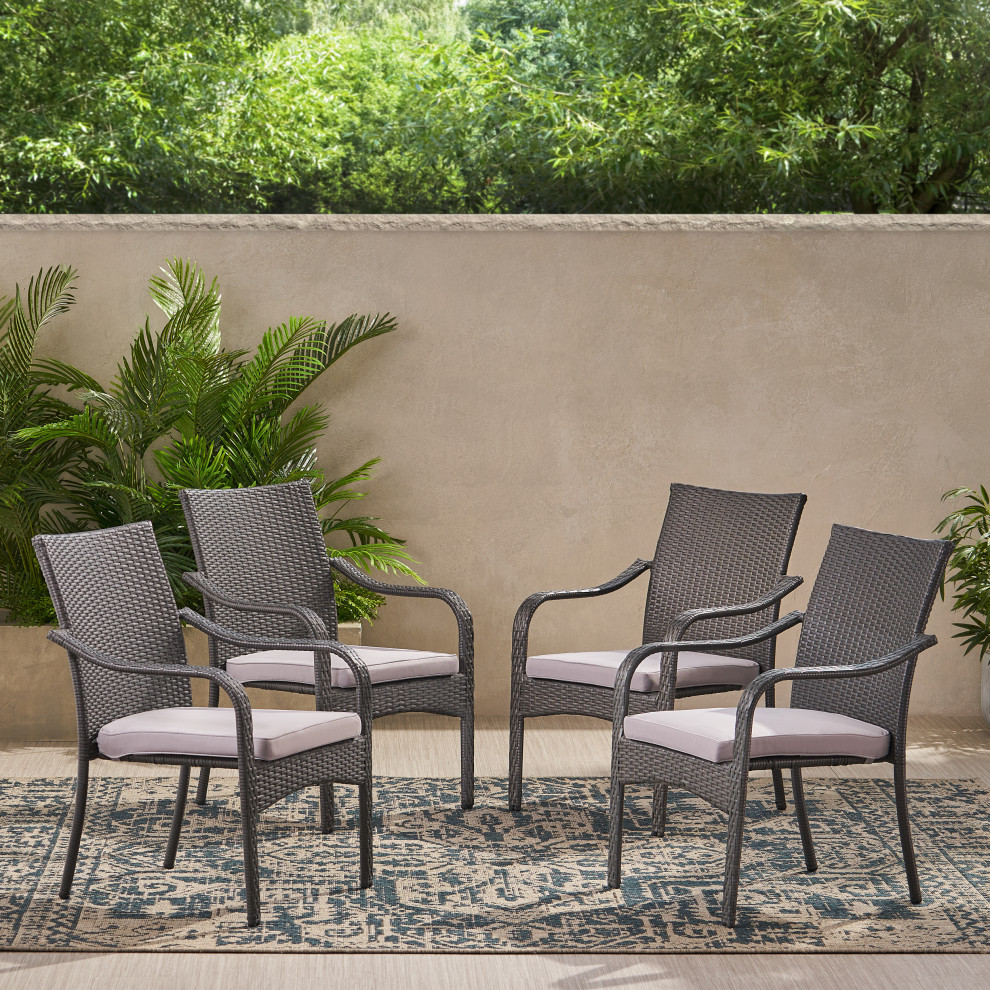 GDF Studio San Miguel Gray Wicker Stackable Patio Armchairs  Set of 4   Tropical   Outdoor Dining Chairs   by GDFStudio  Houzz