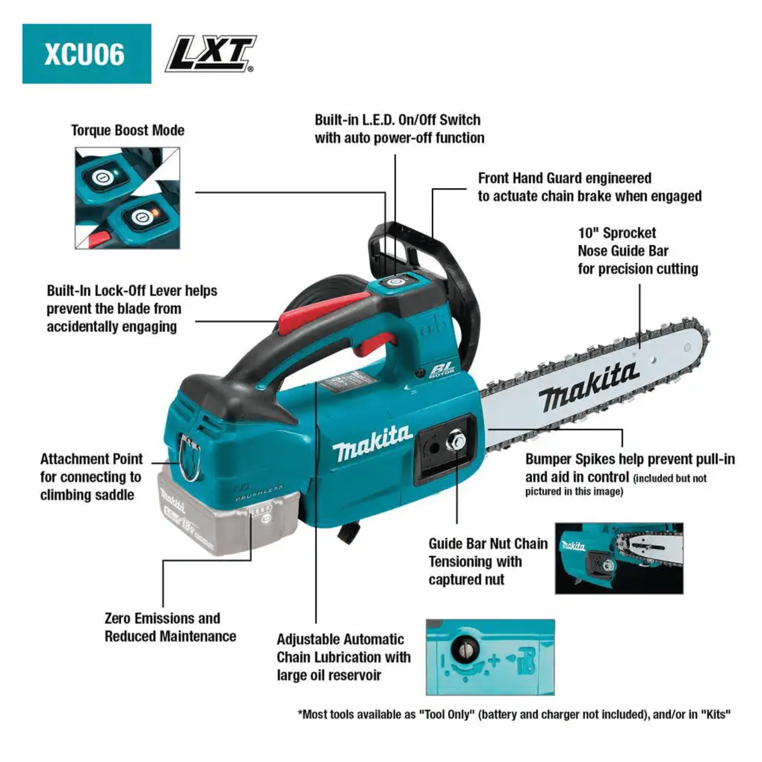 Makita XCU06Z 18V LXT Lithium-Ion Brushless Cordless 10 Top Handle Chain Saw， Tool Only