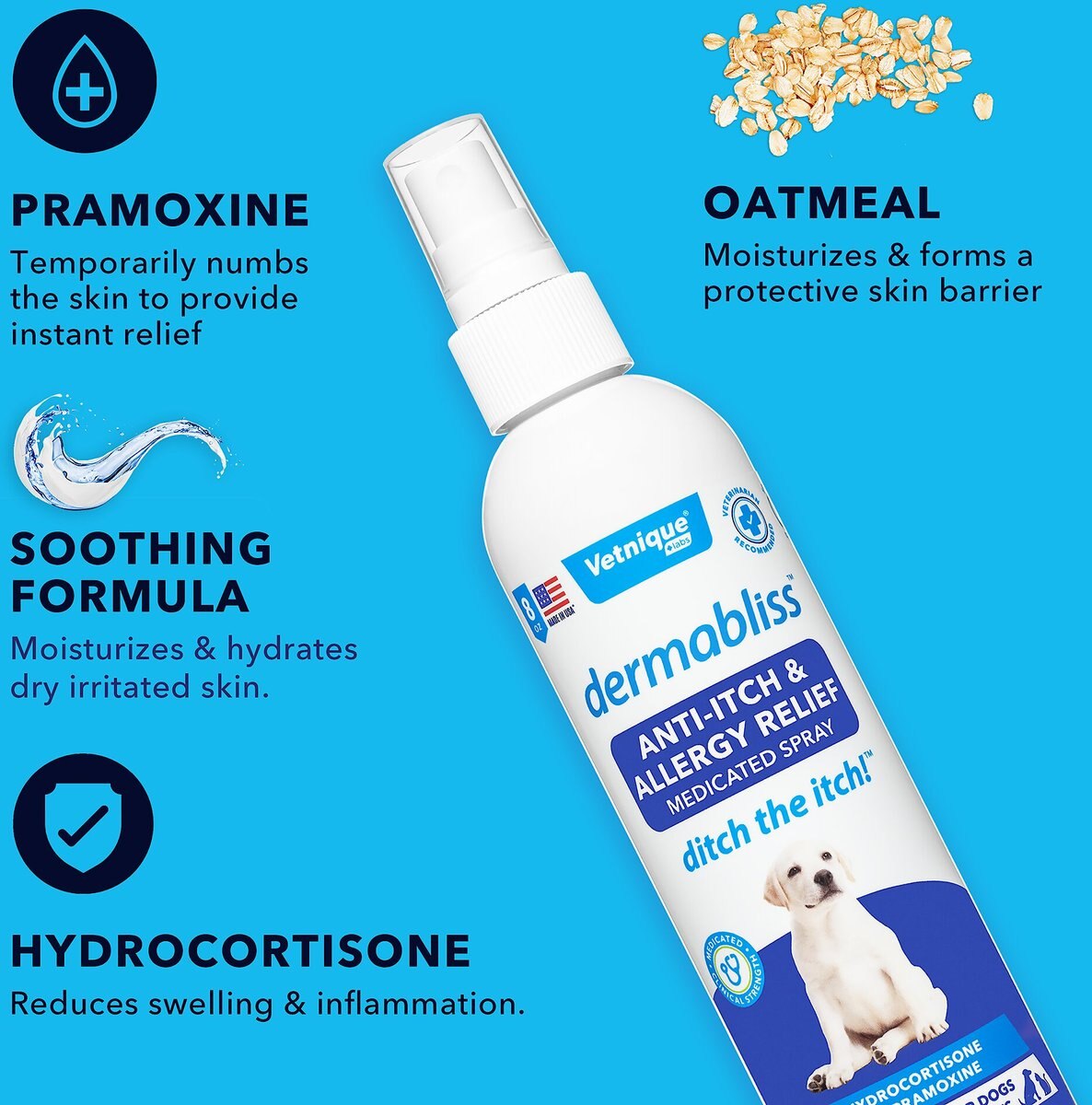 Vetnique Labs Dermabliss Hydrocortisone Anti-Itch and Allergy Relief Soothing and Hydrating Medicated Dog and Cat Spray