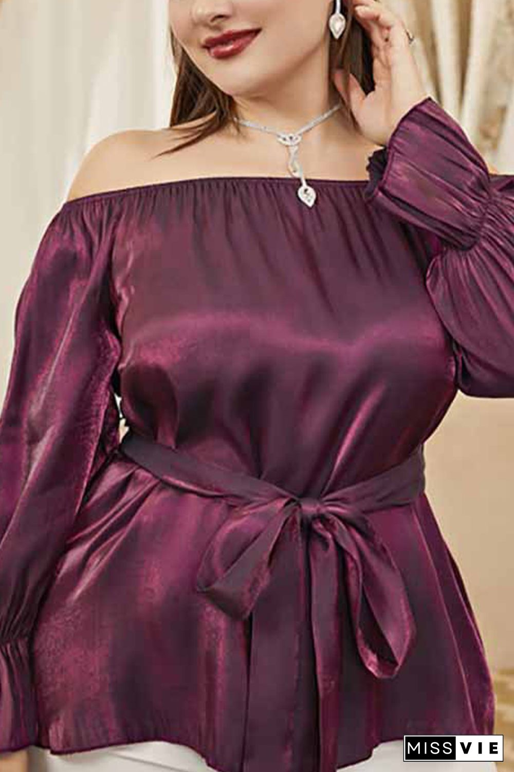 Off Shoulder Waistband Burgundy Plus Size Blouse Top Wholesale