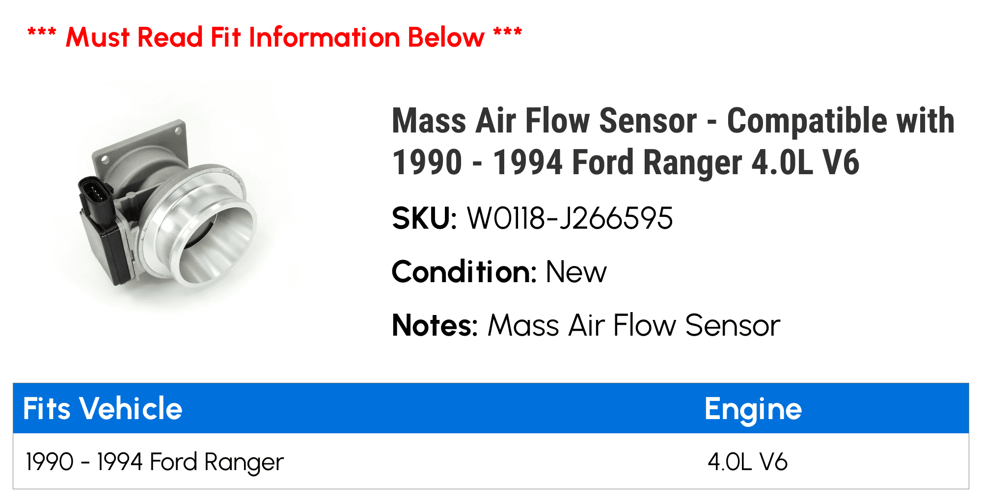 Mass Air Flow Sensor - Compatible with 1990 - 1994 Ford Ranger 4.0L V6 1991 1992 1993