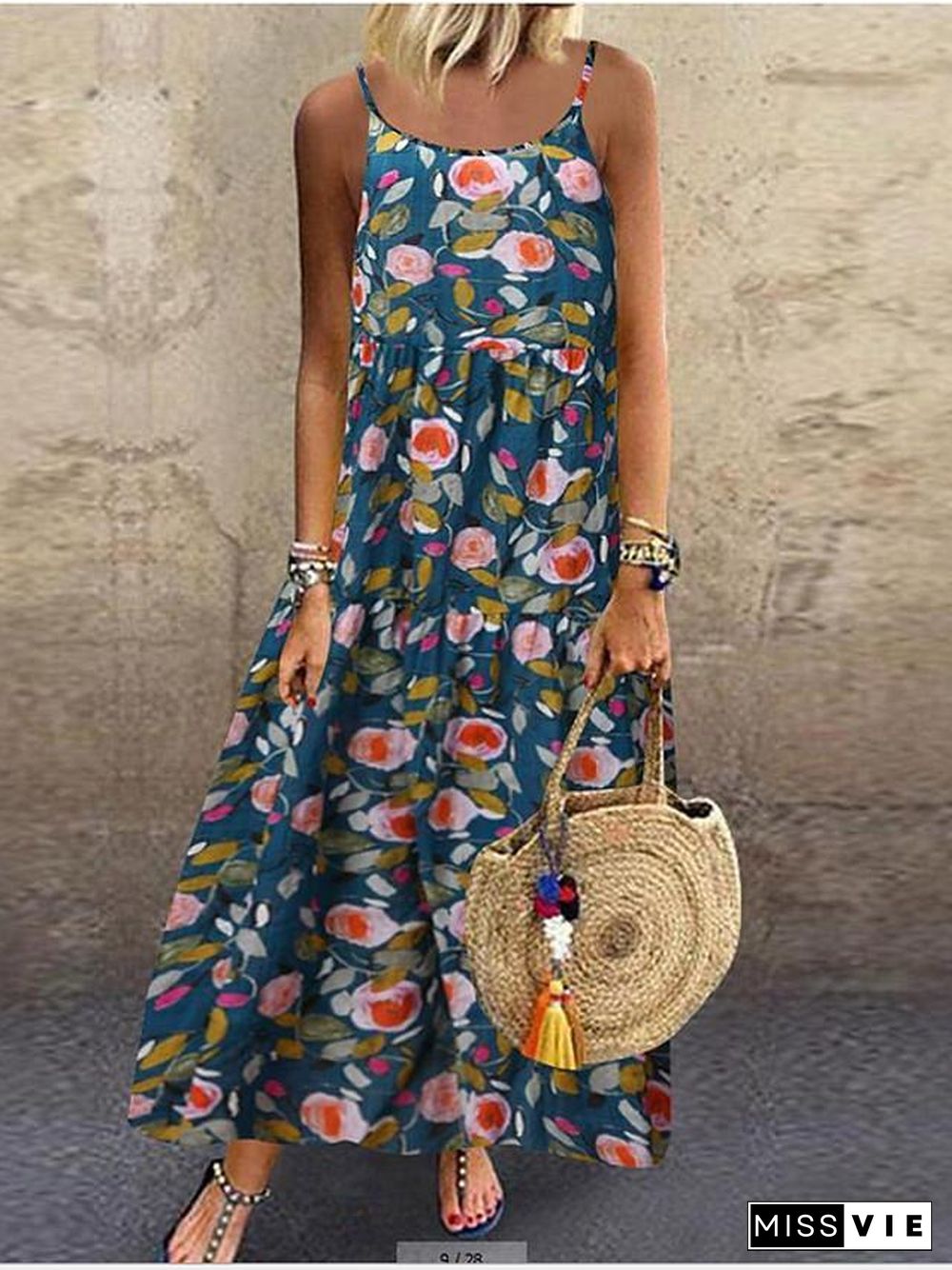 Women's A-Line Dress Maxi long Dress Sleeveless Print Summer Casual Mumu Blue Yellow Dusty Blue M L XL XXL 3XL 4XL 5XL