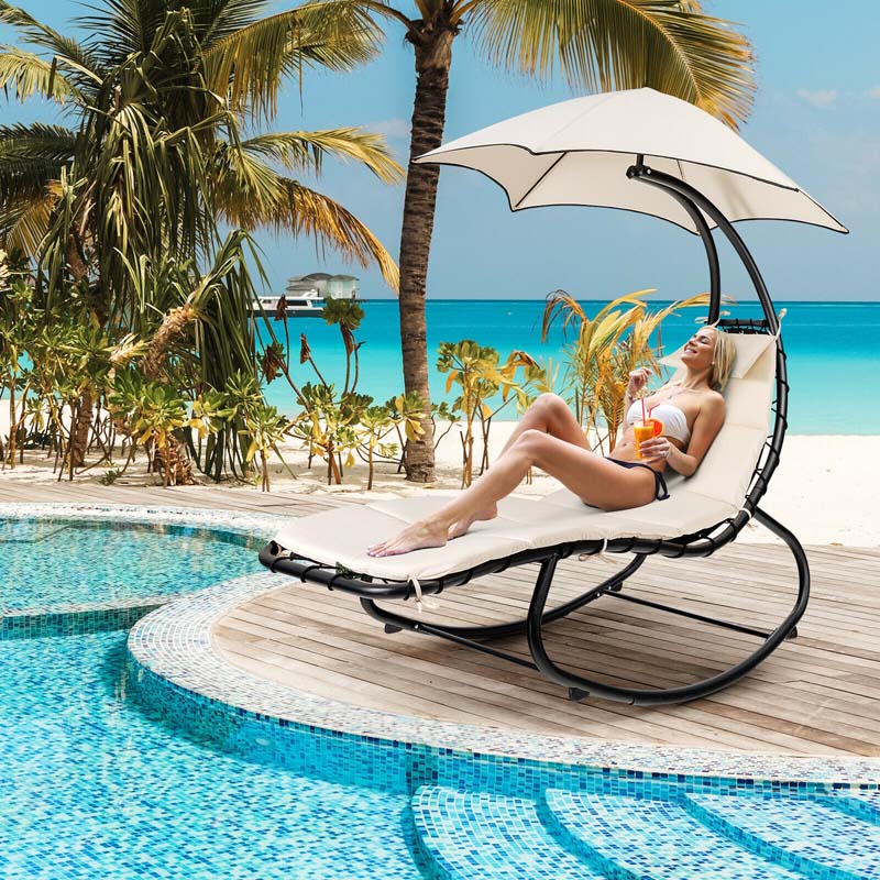 Full-Padded Hammock Chair Swing Patio Sun Lounger with Shade Canopy, Outdoor Chaise Lounge Hanging Chair for Pool Beach Deck