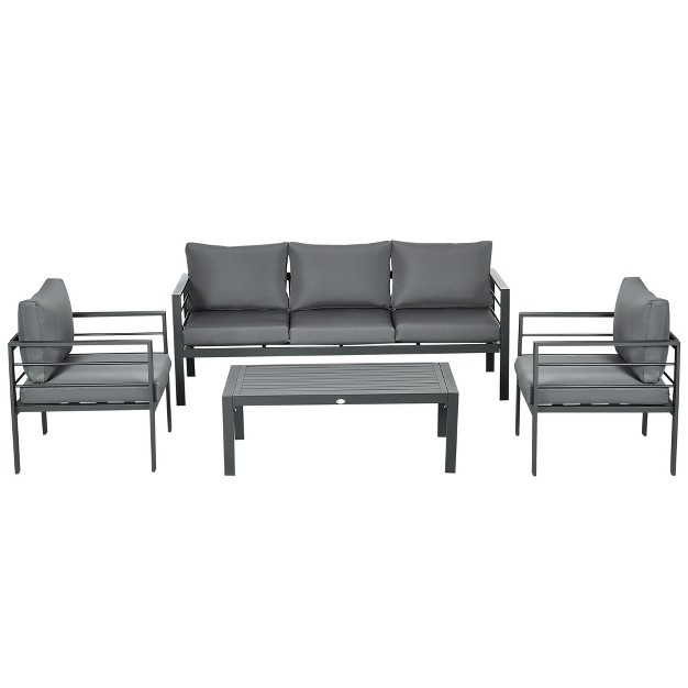 Outsunny Patio Furniture Set 4 Pieces Outdoor Conversation Set With Water resistant Cushions Coffee Table 3 seater Sofa 2 Chairs For Porch Gray