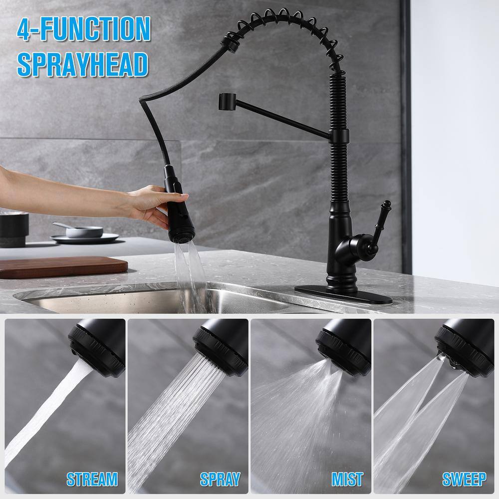 ELLOALLO Single Handle Pull Down Sprayer Kitchen Faucet with Deckplate Included and 4 Spray in Matte Black EKF-BR-816