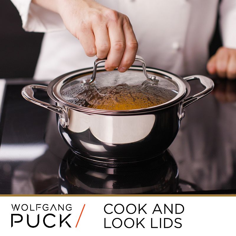 Wolfgang Puck 6-Piece Stainless Steel Pots and Pan Set; Scratch-Resistant Non-Stick Cookware， Clear Tempered-Glass Lids， Cool Touch Handles， Extra-Wide Rims for Easy Pouring