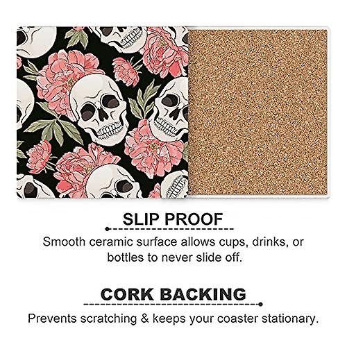 Colourlife Skulls Flowers Printed Square Ceramic Coaster For Drinks With Cork Base For Coffee Cups Place Mats For Home Decor Set Of 4 Pieces