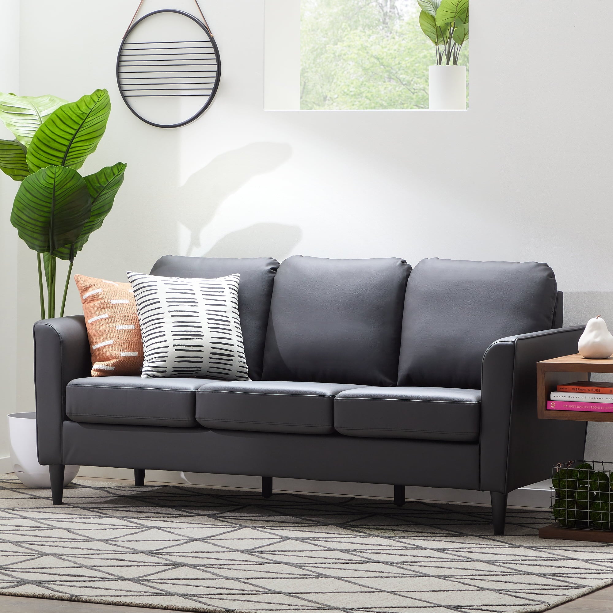 Mayview Ruthie Upholstered Sofa, Black Faux Leather