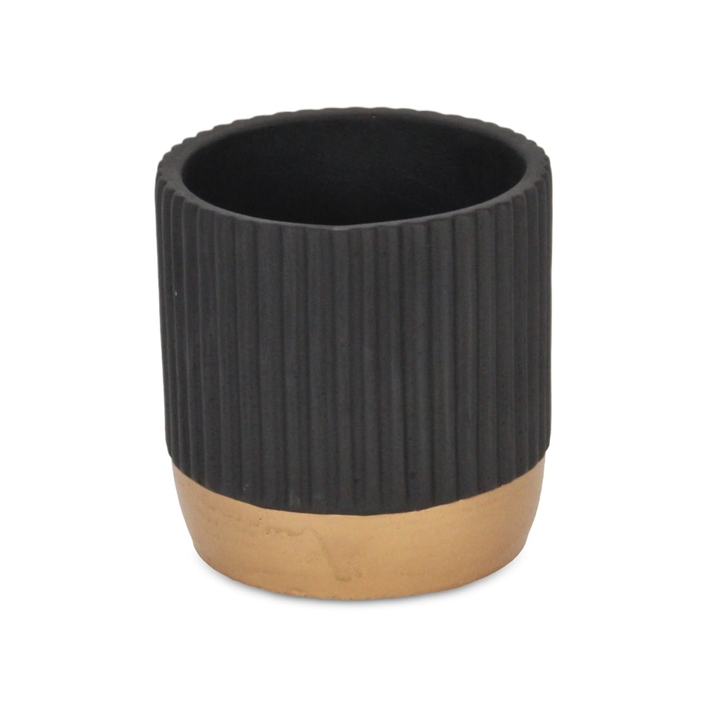 Aurone Round Ridged Ceramic Pot with Gold Finished Base   Black