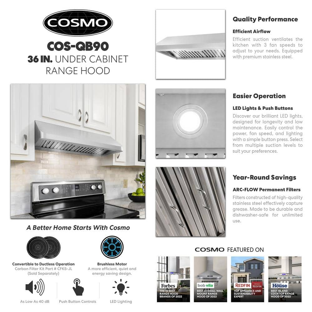 Cosmo 36 in Ducted Under Cabinet Range Hood in Stainless Steel with Push Button Controls LED Lighting and Permanent Filters