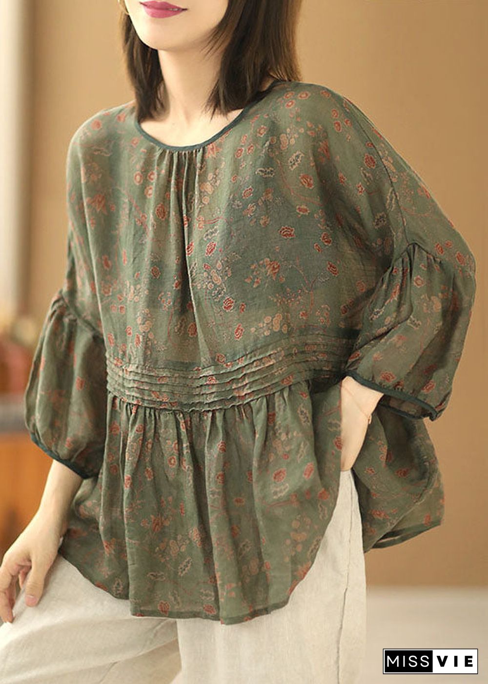 Plus Size Grey Green Print Wrinkled Patchwork Linen Shirt Tops Short Sleeve