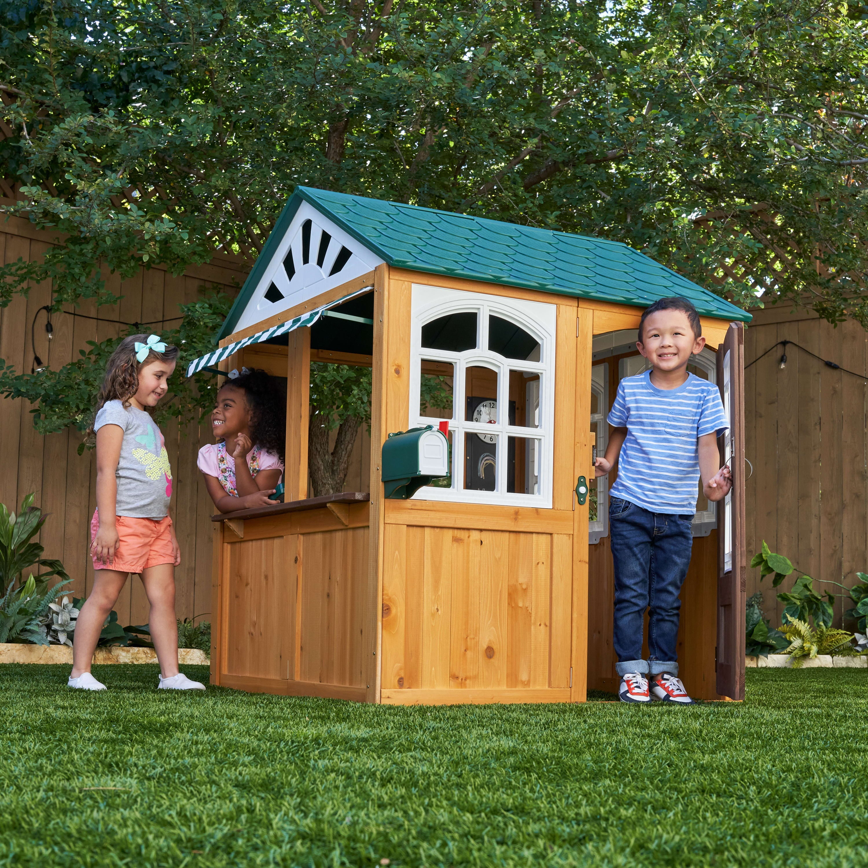 KidKraft Garden View Outdoor Wooden Playhouse with Ringing Doorbell, Mailbox & Chalkboard